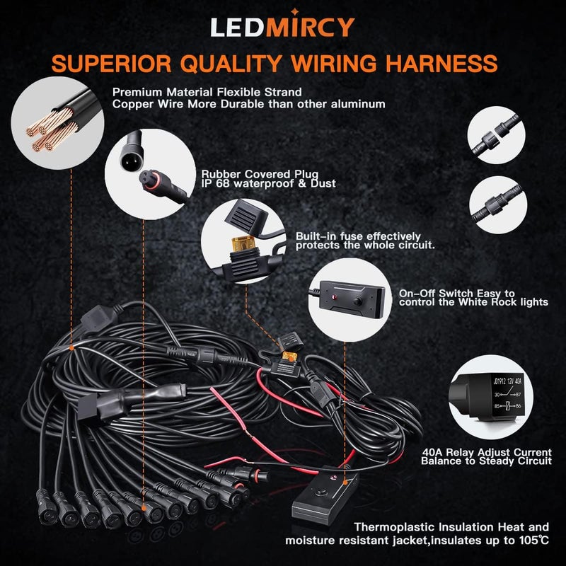 LEDMIRCY Pure White Rock Lights Kit with Switch Wire Harness 12PCS LED Rock Lights White for Off Road Trucks ATV UTV SUV RZR Underglow Trail Rig Light High Power Under Body Waterproof Shockproof - Image 5